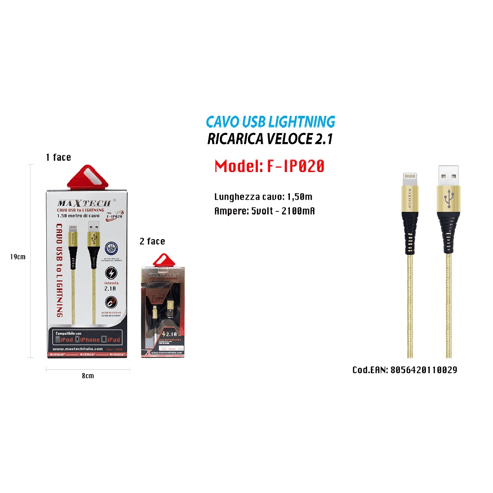 CAVO USB 1,5MT CARICABATTERIA USB 2.1 LIGHTNING IPHONE IPAD IPOD MAXTECH F-IP020 - 2