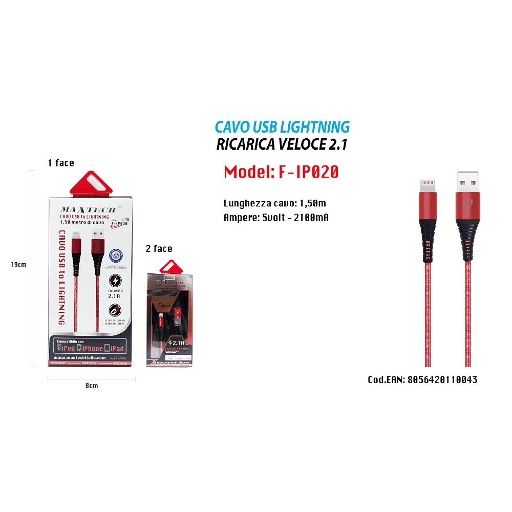 CAVO USB 1,5MT CARICABATTERIA USB 2.1 LIGHTNING IPHONE IPAD IPOD MAXTECH F-IP020 - 3
