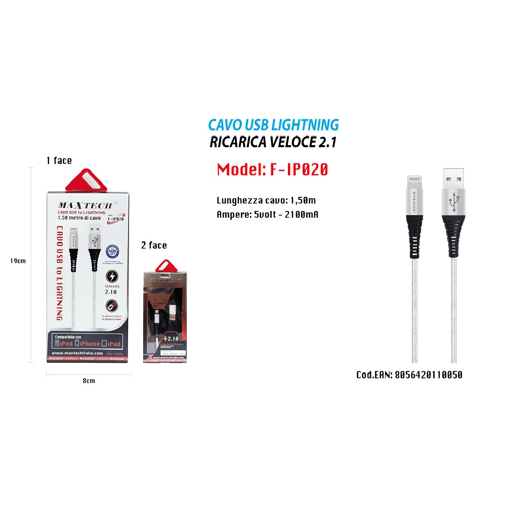CAVO USB 1,5MT CARICABATTERIA USB 2.1 LIGHTNING IPHONE IPAD IPOD MAXTECH F-IP020 - 4