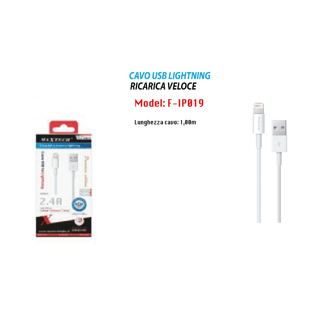 CAVO USB DATI E RICARICA PER IPHONE IPOD IPAD LIGHTNING A USB 1MT MAXTECH F-IP019 - 2