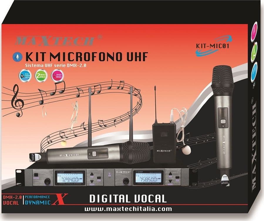 KIT RADIOMICROFONI WIRELESS 2 CANALI UHF RICEVITORE DISPLAY DIGITALE MAXTECH KIT-MIC01 - 3
