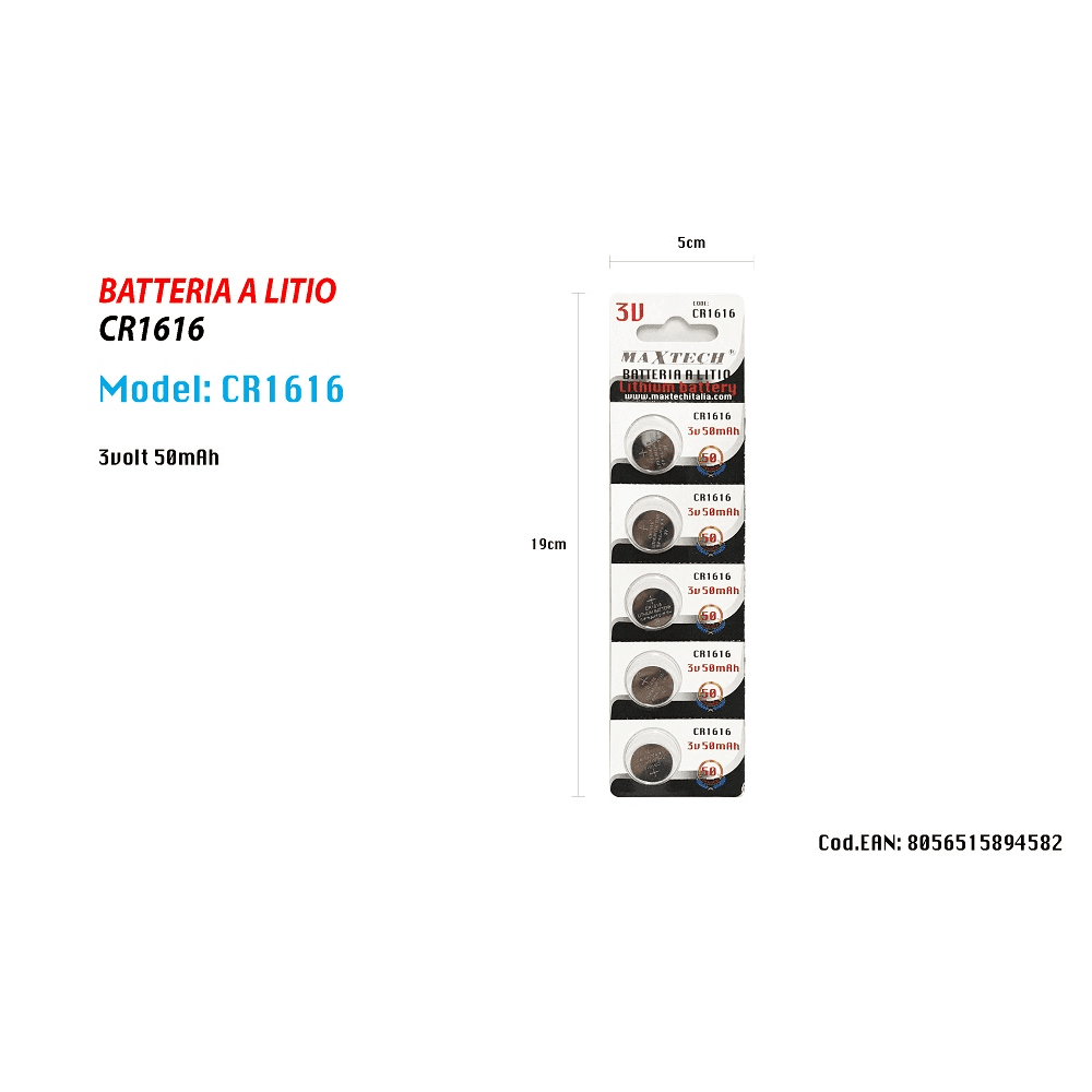 5 BATTERIE CR1616 3V PILE A BOTTONE PER OROLOGI TELECOMANDI APPARECCHI MAXTECH - 2