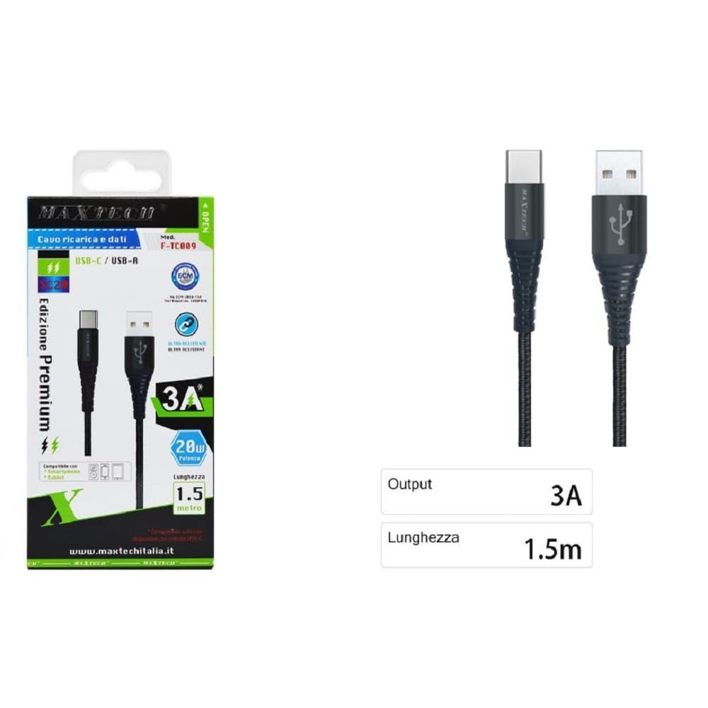 CAVO USB A TYPE C DATI RICARICA PER SAMSUNG HUAWEI 1.5 METRI 3A MAXTECH F-TC009 - 2