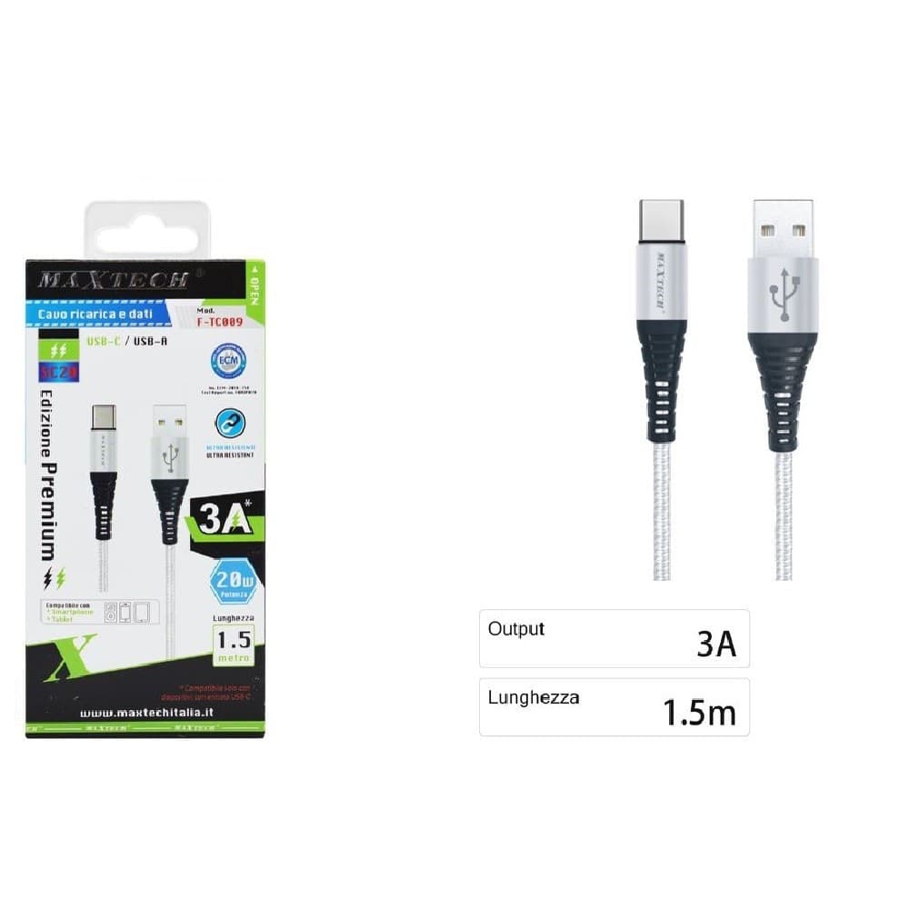 CAVO USB A TYPE C DATI RICARICA PER SAMSUNG HUAWEI 1.5 METRI 3A MAXTECH F-TC009 - 3