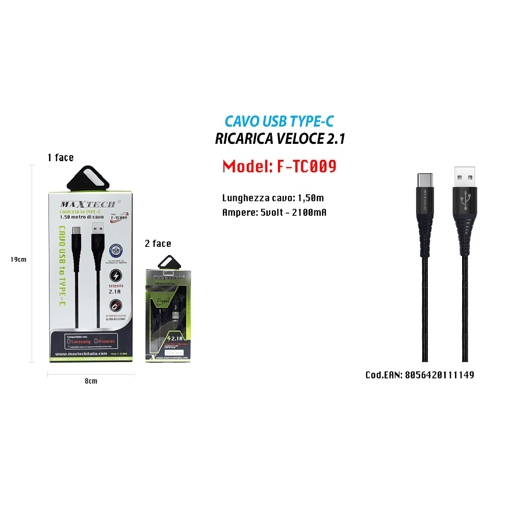 CAVO USB A TYPE C DATI RICARICA PER SAMSUNG HUAWEI 1.5 METRI 3A MAXTECH F-TC009 - 5
