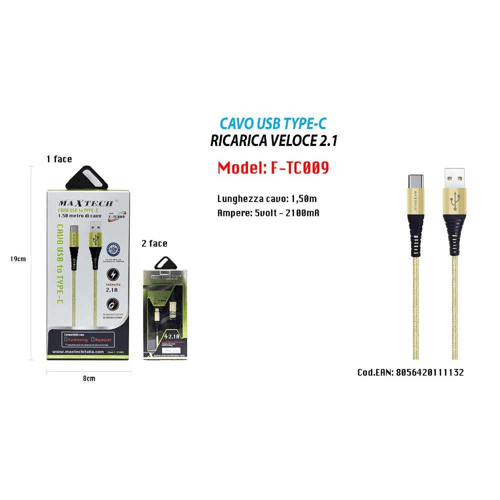 CAVO USB A TYPE C DATI RICARICA PER SAMSUNG HUAWEI 1.5 METRI 3A MAXTECH F-TC009 - 6