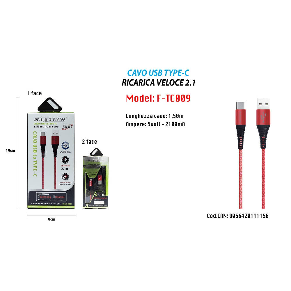 CAVO USB A TYPE C DATI RICARICA PER SAMSUNG HUAWEI 1.5 METRI 3A MAXTECH F-TC009 - 7