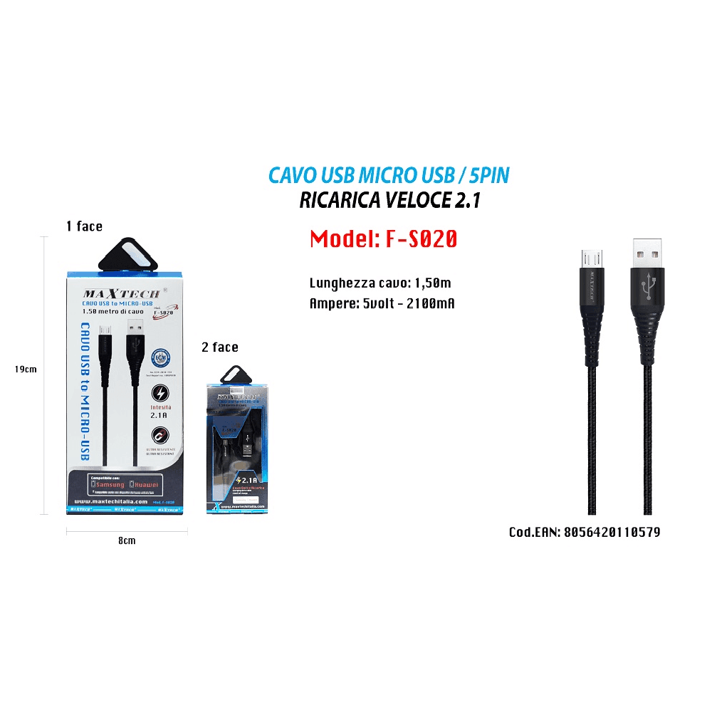 CAVO MICRO USB 1.5MT DATI CARICABATTERIA USB PER SAMSUNG HUAWEI MAXTECH F-S020 - 2