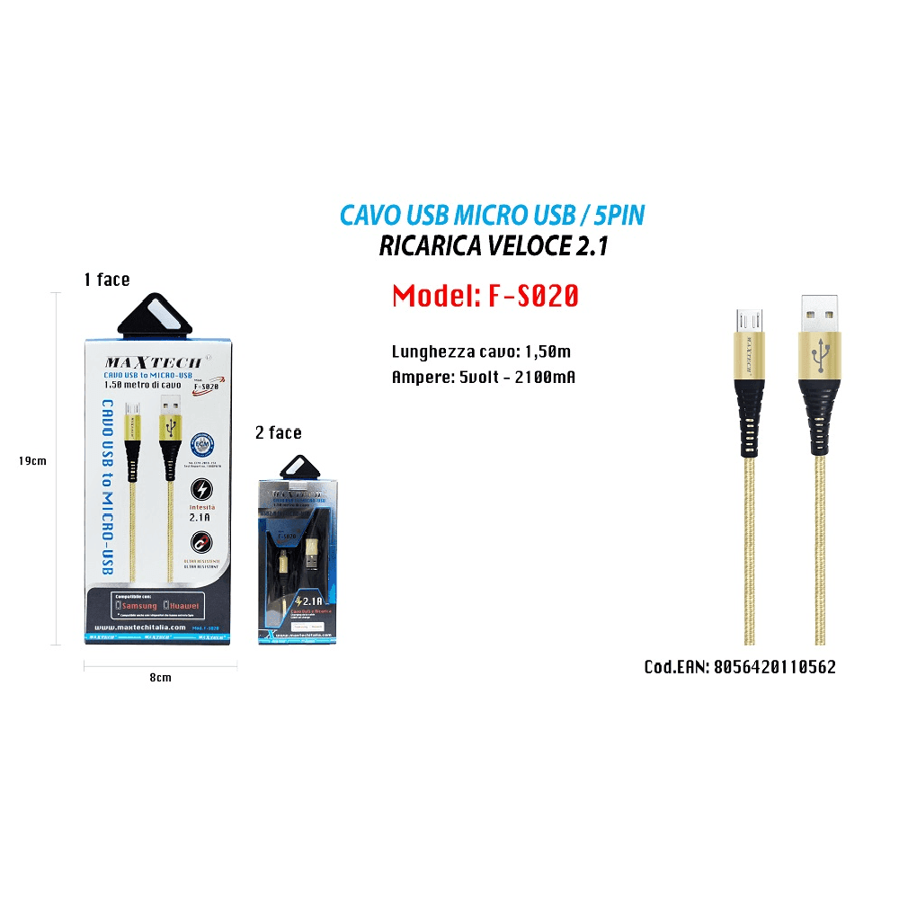 CAVO MICRO USB 1.5MT DATI CARICABATTERIA USB PER SAMSUNG HUAWEI MAXTECH F-S020 - 3