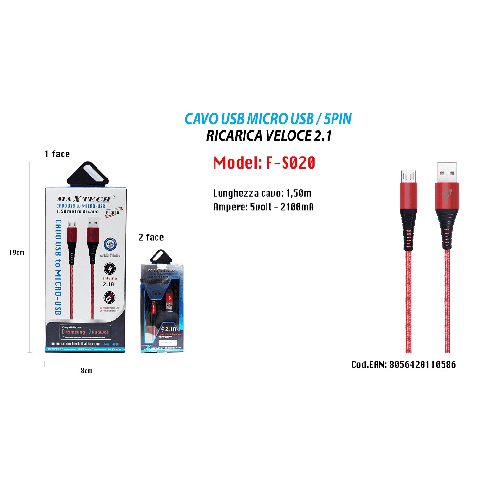 CAVO MICRO USB 1.5MT DATI CARICABATTERIA USB PER SAMSUNG HUAWEI MAXTECH F-S020 - 4