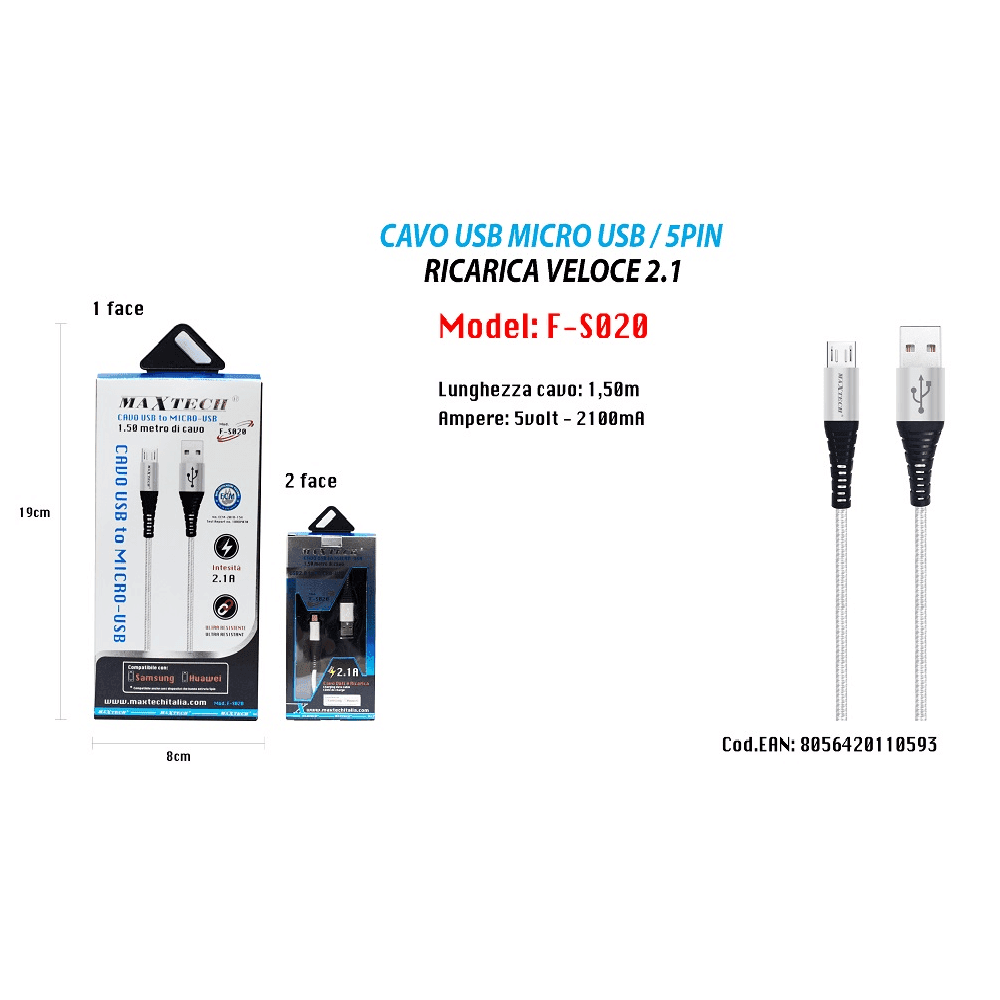 CAVO MICRO USB 1.5MT DATI CARICABATTERIA USB PER SAMSUNG HUAWEI MAXTECH F-S020 - 5