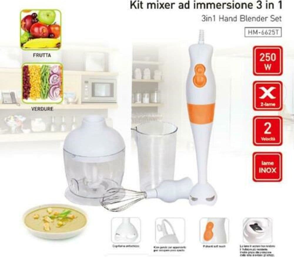 3IN1 MIXER AD IMMERSIONE KIT 2 VELOCITA' 250WATT 65MM FRUTTA VERDURA CUCINA CASA - 2