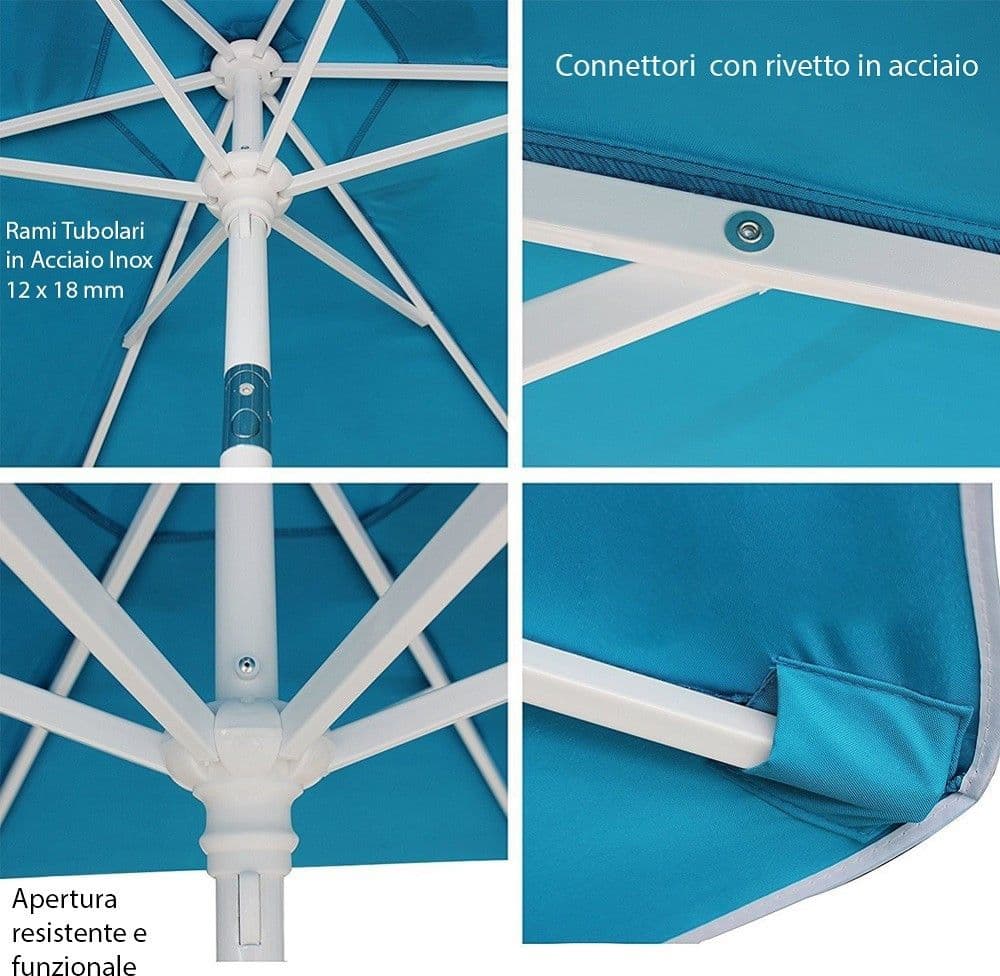 OMBRELLONE MARE SPIAGGIA GIARDINO ACCIAIO INOX GRANDE 210CM AZZURRO CON CUSTODIA - 5