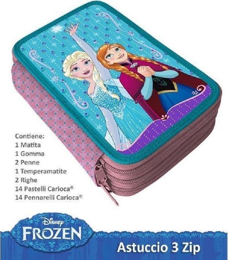 FROZEN PORTAPASTELLI 3D ASTUCCIO 3 ZIP CERNIERE 36 PEZZI COLORI E MATITE SCUOLA - 2