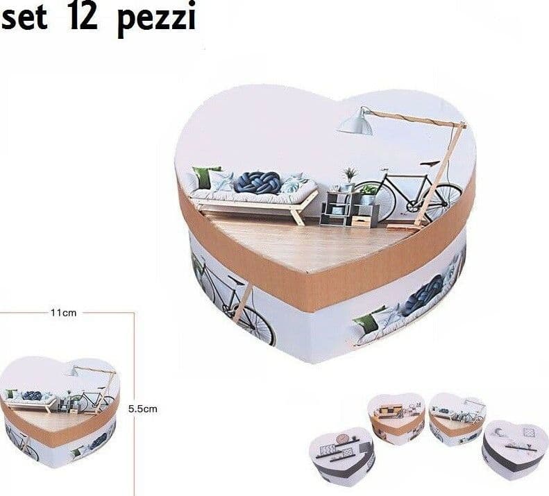 SET 12 SCATOLA BOX CONFEZIONE DA REGALO CON CUORI FANTASIA 11X5.5CM IN CARTONE - 2