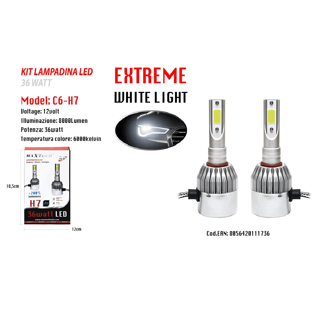 LED AUTO E MOTO LAMPADE FARI MAXTECH H7 C6 KIT LAMPADINE 36W LUCE BIANCA 6000K - 2