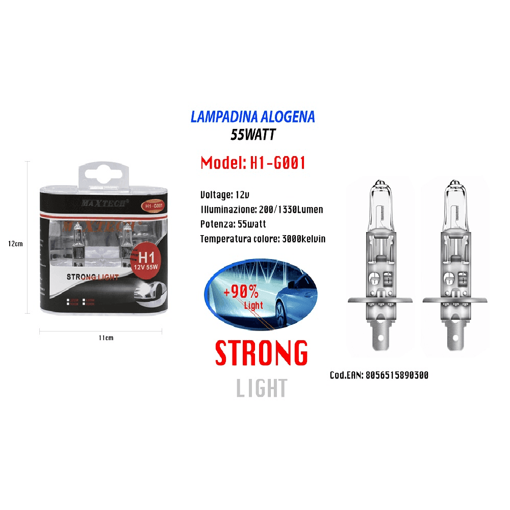 LAMPADINE PER AUTO ALOGENE H1 55 WATT LUCE CALDA DI RICAMBIO 12V MAXTECH H1-G001 - 2
