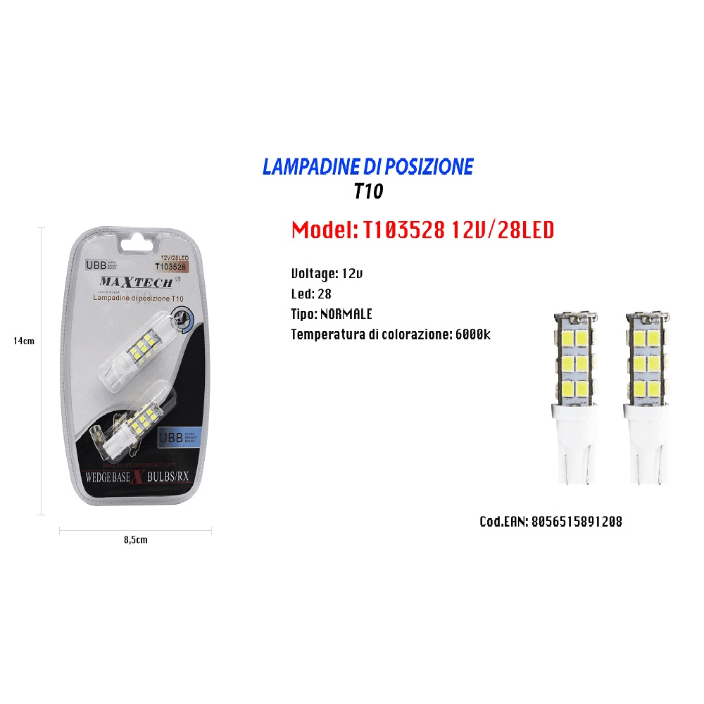 LAMPADINE DI POSIZIONE T10 MAXTECH T103528 12V 28LED 6000K LAMPADINE ULTRA LUMINOSE - 2