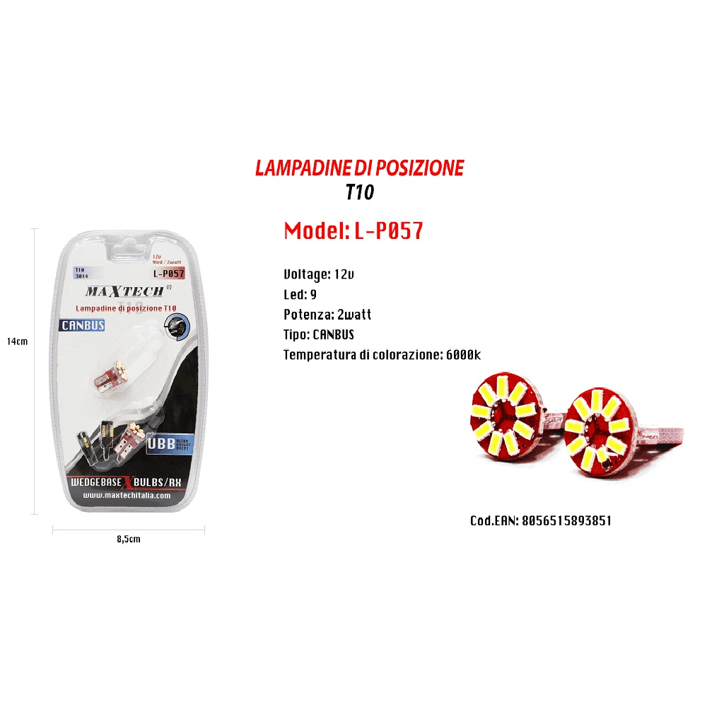 LAMPADINE DI POSIZIONE CANBUS MAXTECH L-P057 12V 9 LED 2W 6000K ULTRA LUMINOSE - 2