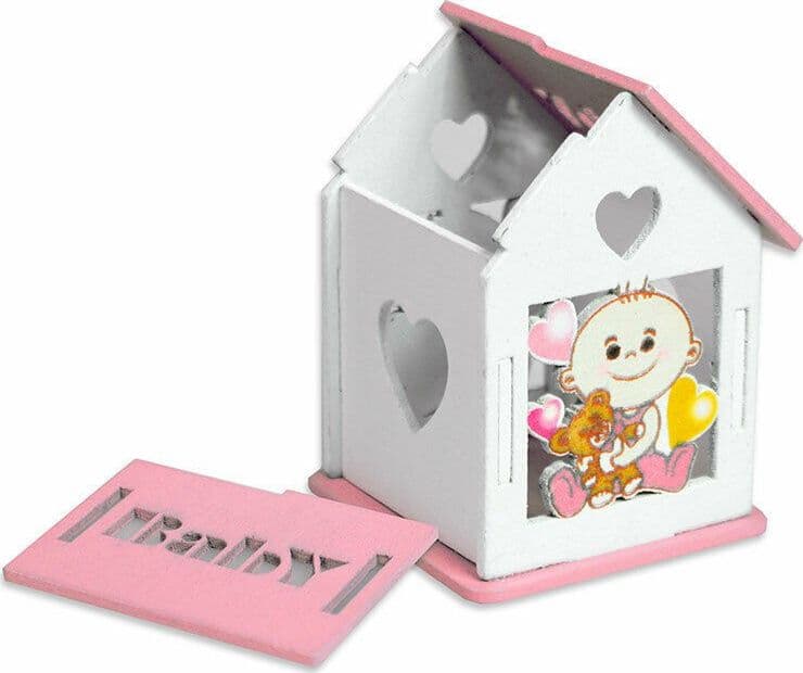 BOMBONIERA IN LEGNO CASETTA CON TETTO APRIBILE PER NASCITA BATTESIMO BIMBA ROSA - 2