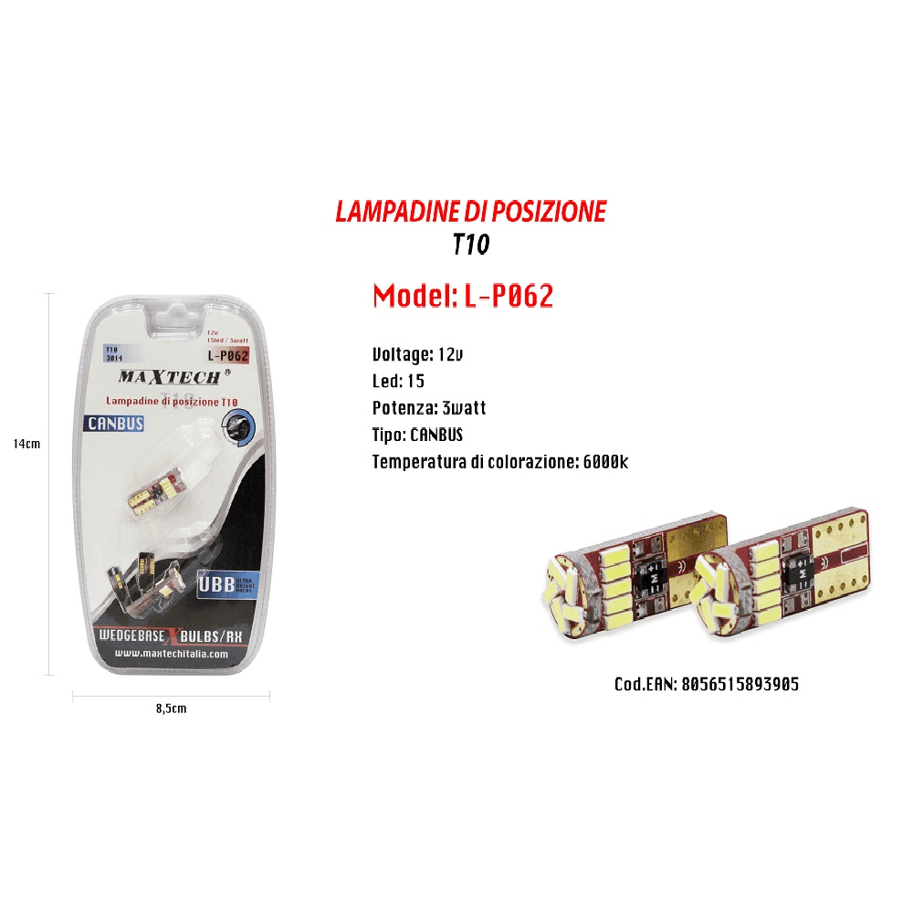 LAMPADINE POSIZIONE CANBUS MAXTECH L-P062 12V 15LED 3 WATT ULTRA LUMINOSE 6000K - 2