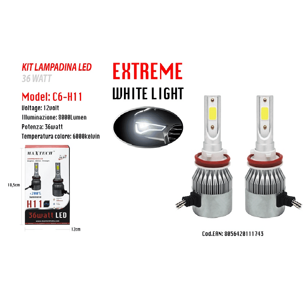 LED AUTO E MOTO LAMPADE FARI MAXTECH H11 C6 LAMPADINE 36W LUCE BIANCA 6000K - 2