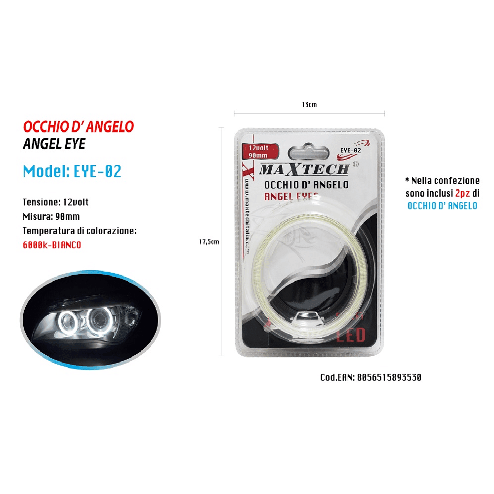 LUCI LED PER AUTO A CERCHIO 90MM OCCHIO D'ANGELO 12V ANGEL EYE 2PZ MAXTECH EYE-02 - 7