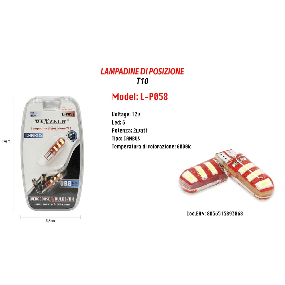 LAMPADINE DI POSIZIONE CANBUS MAXTECH L-P058 12V 6 LED 2 W 6000K ULTRA LUMINOSE - 2