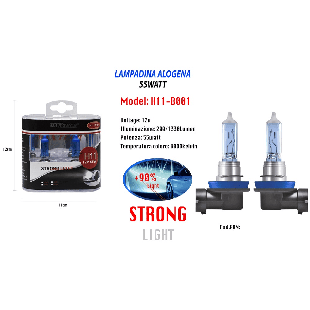 LAMPADA ALOGENA H11 FARO 12V 55 W ALTA QUALITÀ SUPER LUMINOSO MAXTECH H11-B001 - 2
