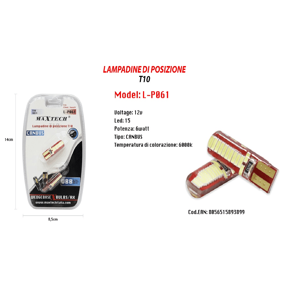 LAMPADINE DI POSIZIONE CANBUS MAXTECH L-P061 12V 15 LED 6 W 6000K ULTRA LUMINOSE - 2