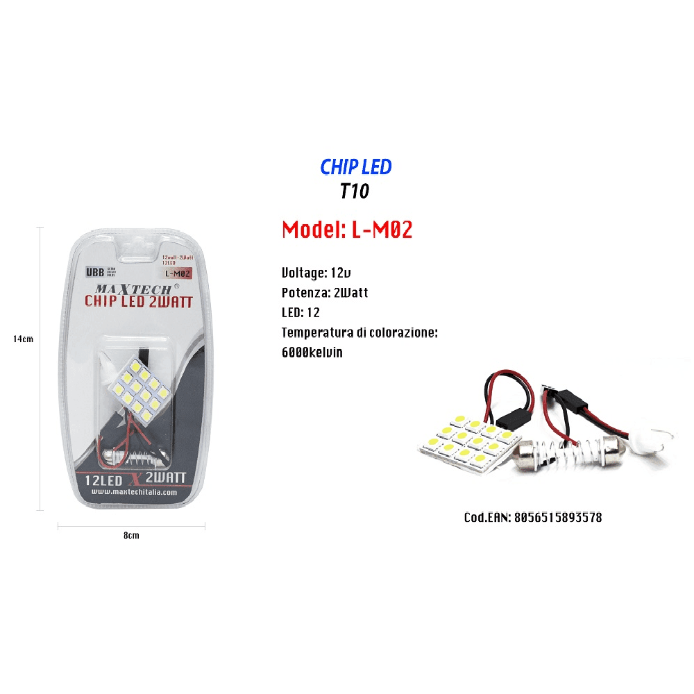 CHIP LED T10 2 WATT 12V 12 LED 6000K AUTO LUCE ULTRA LUMINOSE MAXTECH L-M02 - 2