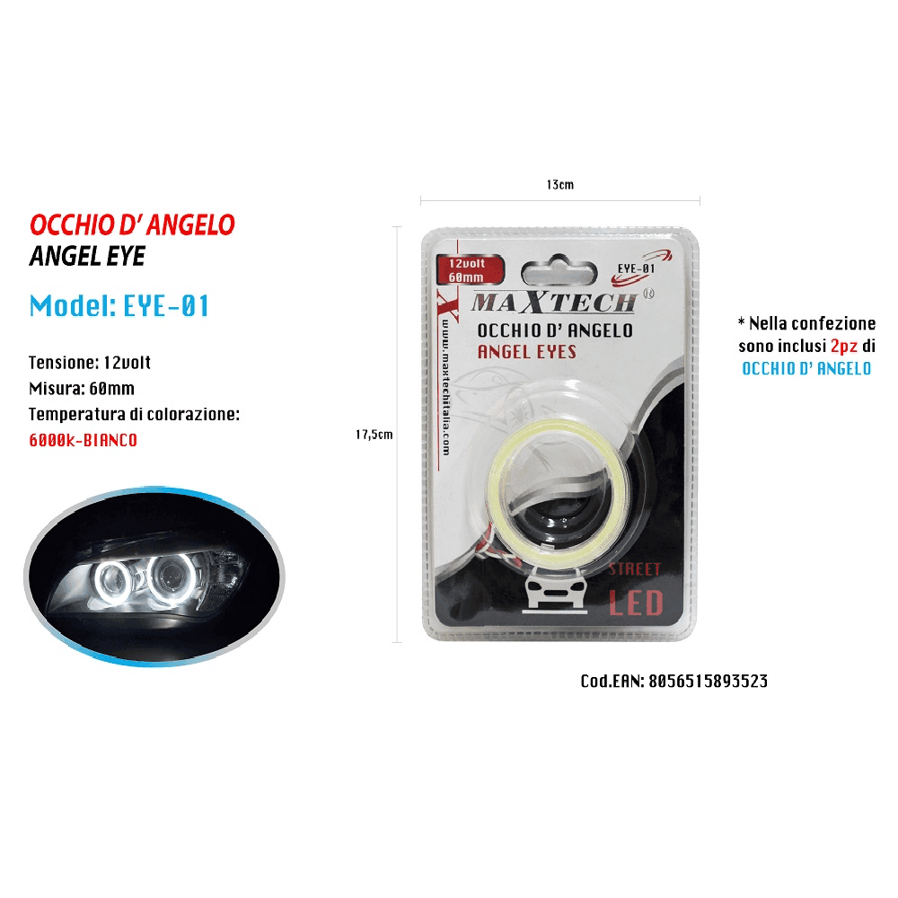 2PZ LUCI LED PER AUTO FARI LAMPADINE 60MM OCCHIO D'ANGELO 12 VOLT MAXTECH EYE-01 - 7