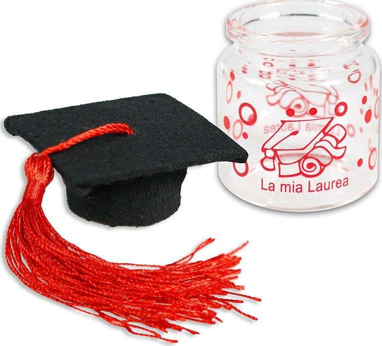 12 BARATTOLI IN VETRO CON TAPPO IN SUGHERO BOMBONIERA LAUREA TOCCO ROSSO - 2