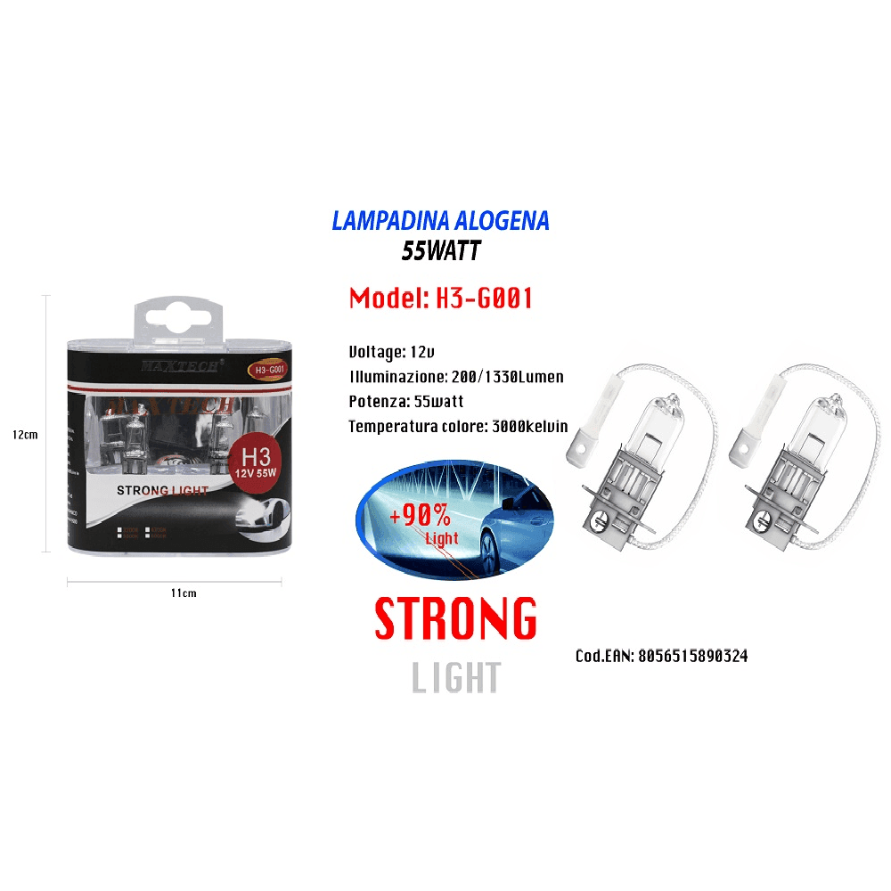 LAMPADINE ALOGENE PER AUTO DI RICAMBIO H3 55 WATT 12V LUCE CALDA MAXTECH H3-G001 - 2