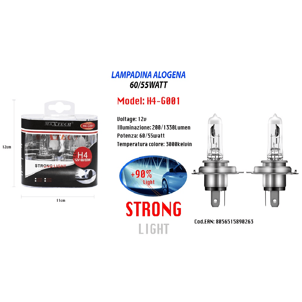 LAMPADINE ALOGENE PER AUTO H4 60/55 W 12V LUCE CALDA DI RICAMBIO MAXTECH H4-G001 - 2