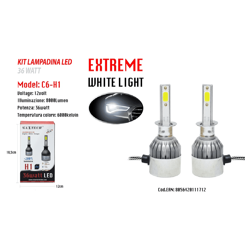LED AUTO E MOTO LAMPADE FARI MAXTECH H1 C6 KIT LAMPADINE 36W LUCE BIANCA 6000K - 2