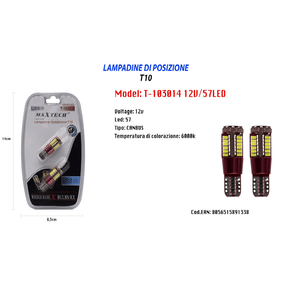LAMPADINE POSIZIONE CANBUS T10 12V 57LED 6000K ULTRA LUMINOSE MAXTECH T-103014 - 2