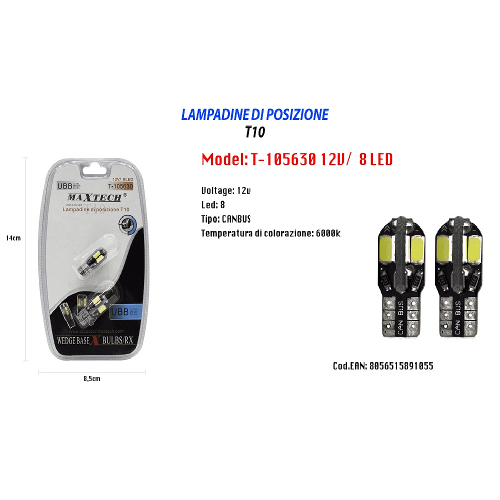 LAMPADINE DI POSIZIONE T10 MAXTECH T-105630 12V 8 LED LAMPADINE ULTRA LUMINOSE - 2