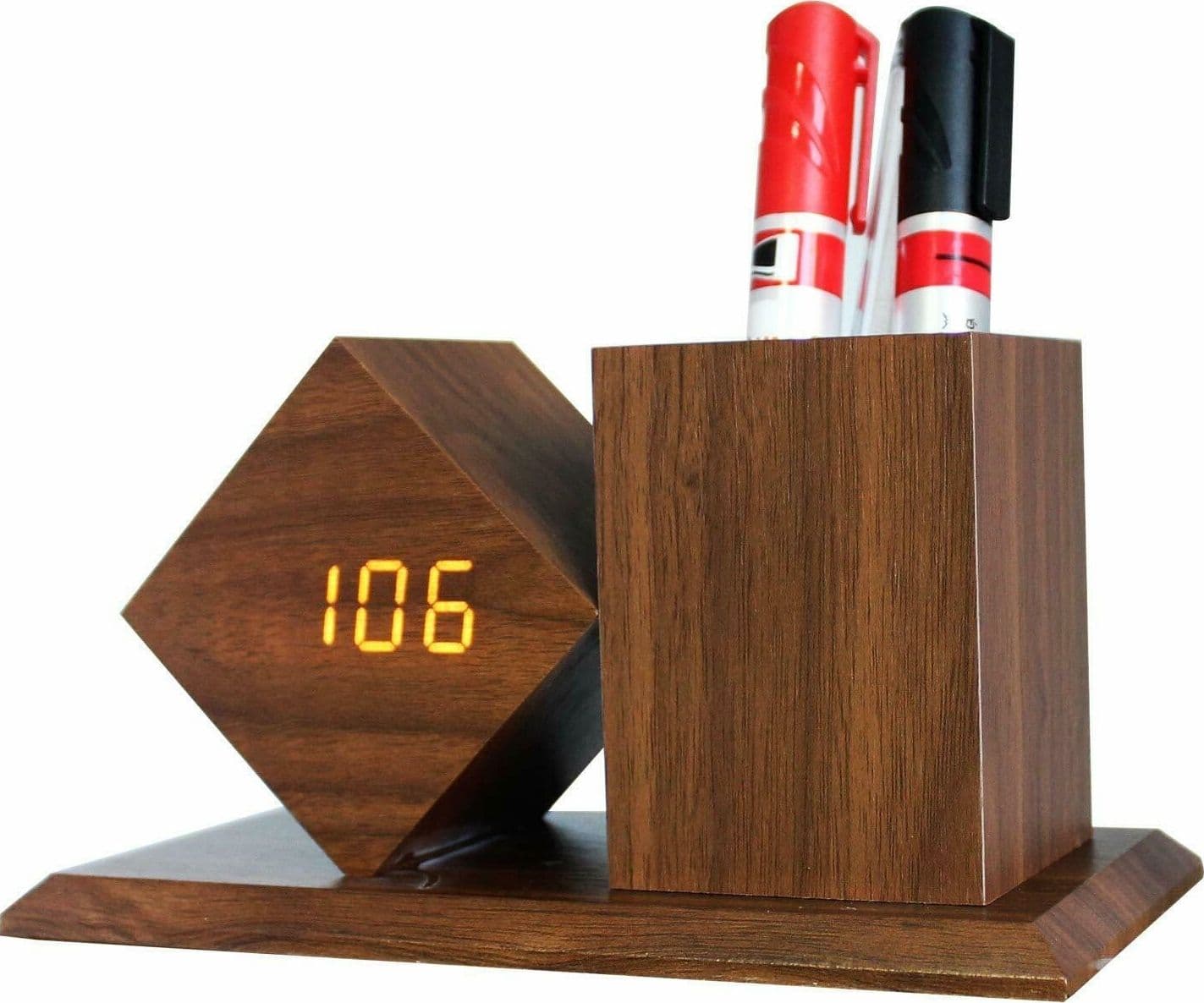 OROLOGIO A LED SVEGLIA DA TAVOLO IN LEGNO CON PORTAPENNE INCORPORATO