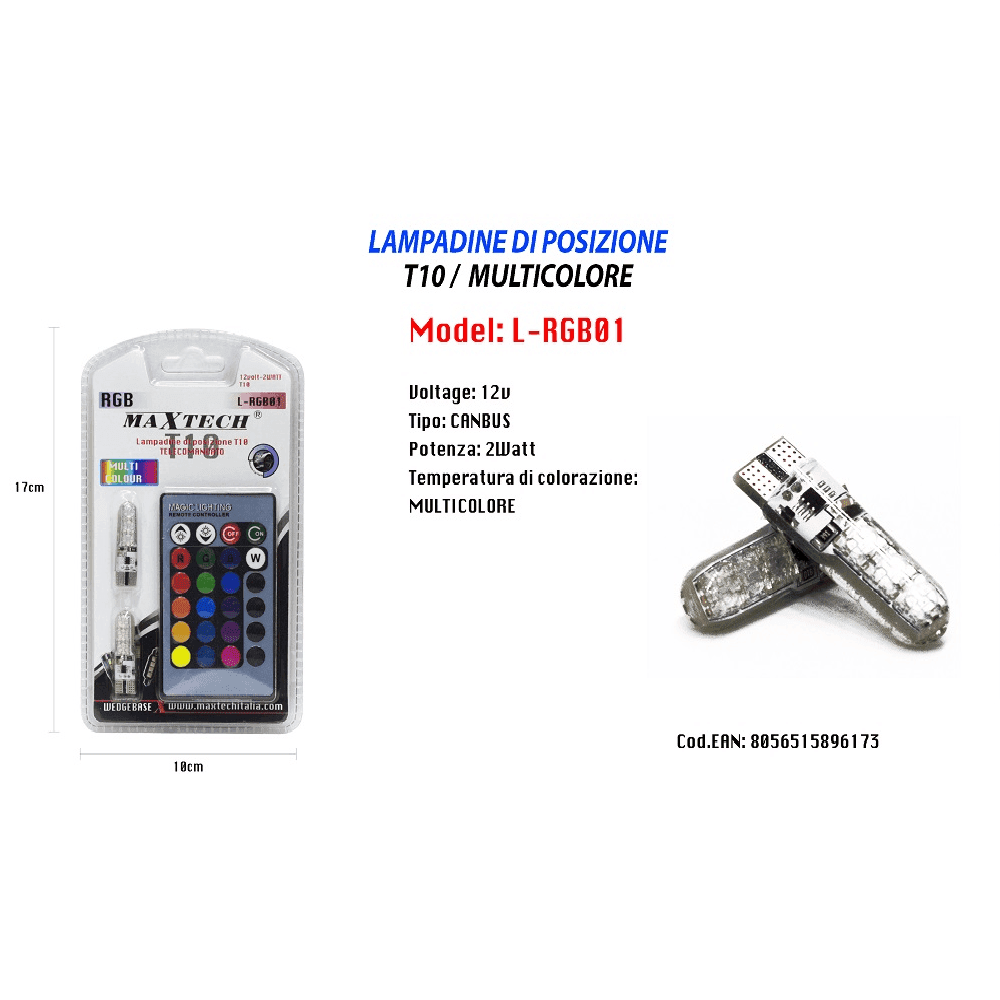 LAMPADINE DI POSIZIONE T10 CON TELECOMANDO RGB LUCI PER AUTO 12V MAXTECH L-RGB01 - 2