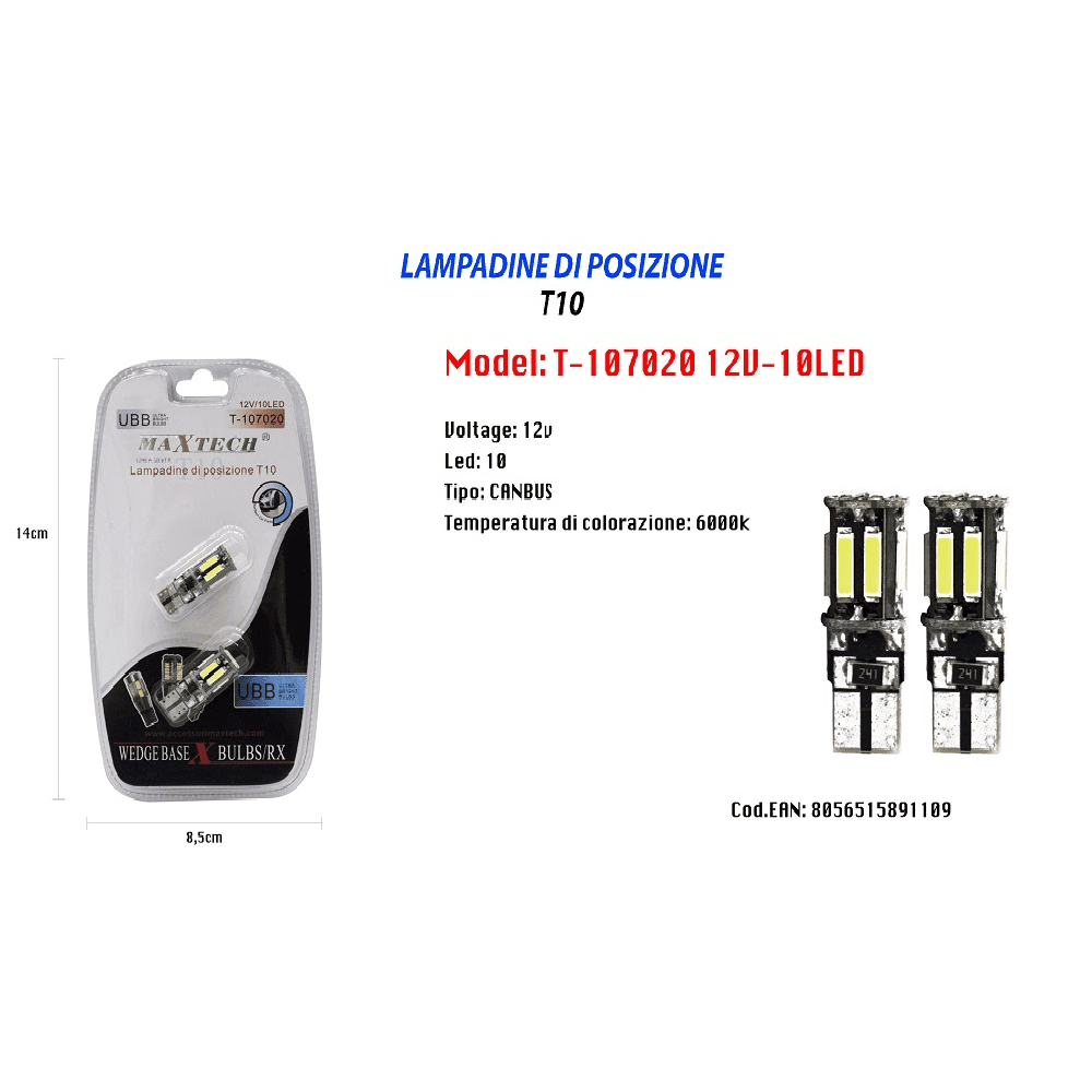 LAMPADINE DI POSIZIONE MAXTECH T-107020 12V / 10LED CANBUS 6000K ULTRA LUMINOSE - 2