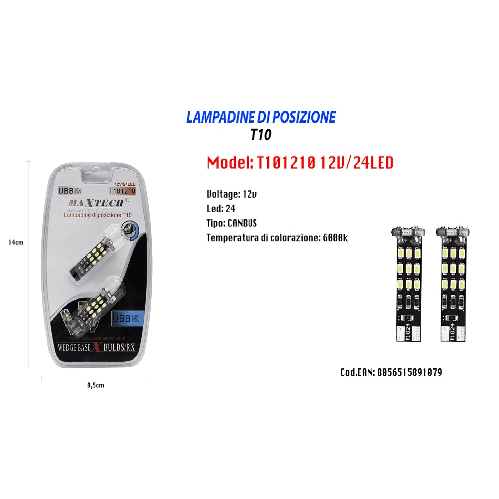 LAMPADINE DI POSIZIONE T10 LAMPADINE ULTRA LUMINOSE MAXTECH T101210 12V 24LED - 2