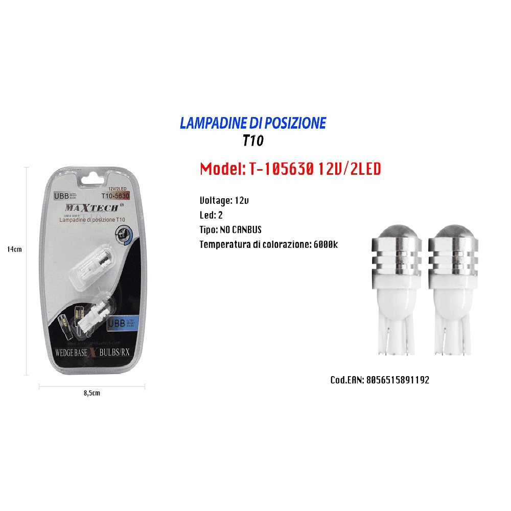 LAMPADINE DI POSIZIONE T10 MAXTECH T-105630 12V 2LED LAMPADINE ULTRA LUMINOSE 6000K - 2
