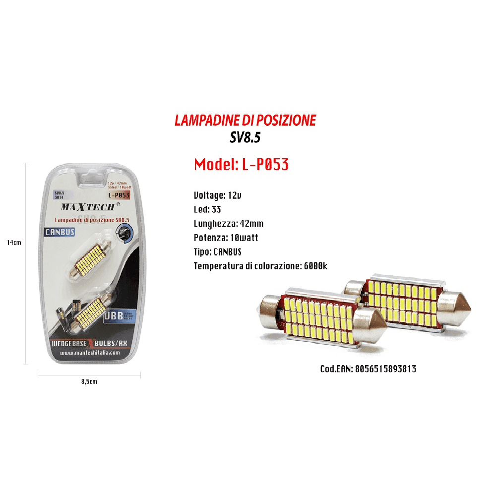 2 COPPIE LAMPADINE POSIZIONE SV8.5 CANBUS MAXTECH L-P053 12V 42MM 33LED 10W 6000K - 2