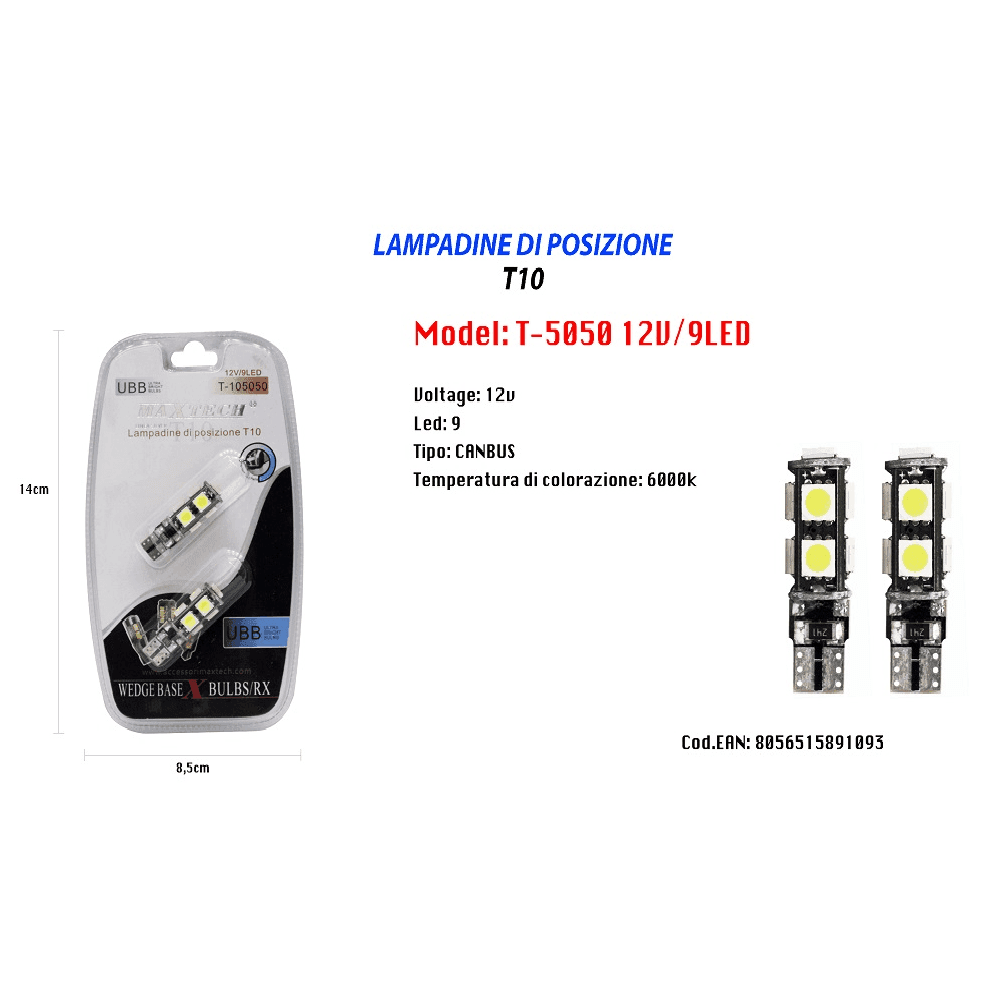 LAMPADINE DI POSIZIONE T10 MAXTECH T-105050 12V 9LED CANBUS ULTRA LUMINOSE 6000K - 2