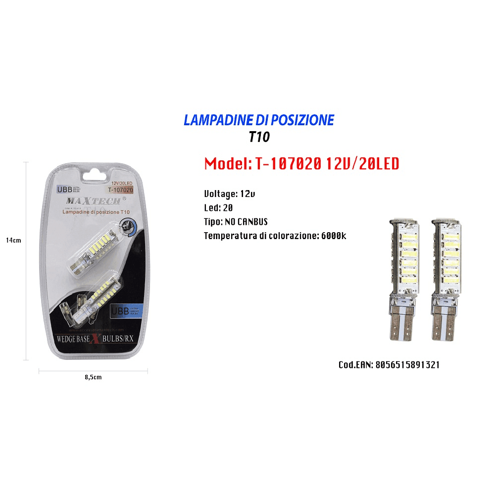 LAMPADINE DI POSIZIONE T10 MAXTECH T-107020 12V 20LED 6000K LAMPADINE ULTRA LUMINOSE - 2