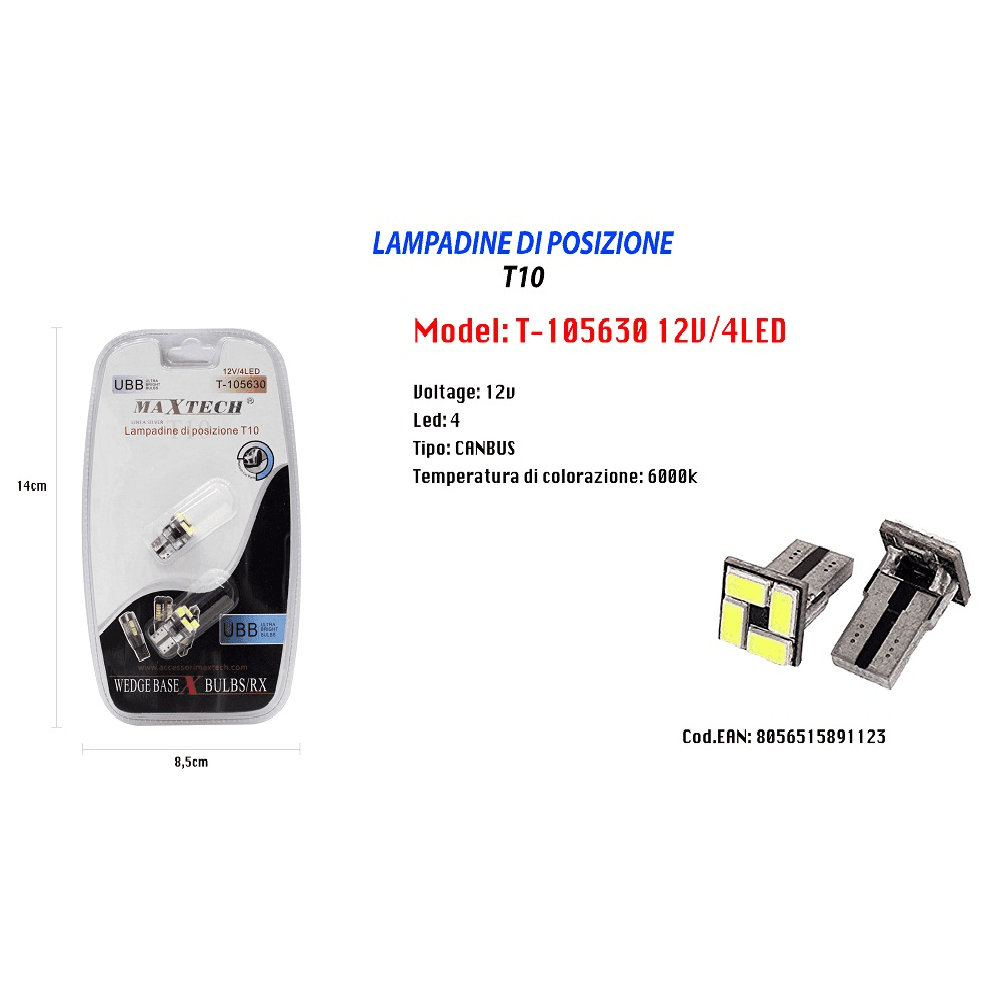 LAMPADINE DI POSIZIONE T10 MAXTECH T-105630 12V 4LED CANBUS 6000K ULTRA LUMINOSE - 2