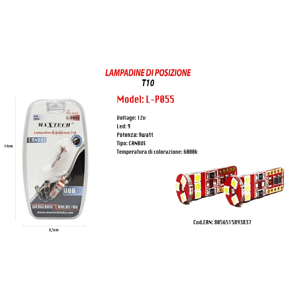 LAMPADINE DI POSIZIONE CANBUS MAXTECH L-P055 12V 9LED 9W 6000K ULTRA LUMINOSE - 2