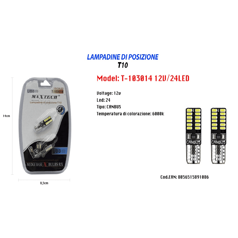 LAMPADINE DI POSIZIONE T10 MAXTECH T-103014 12V 24LED 6000K LAMPADINE ULTRA LUMINOSE - 2