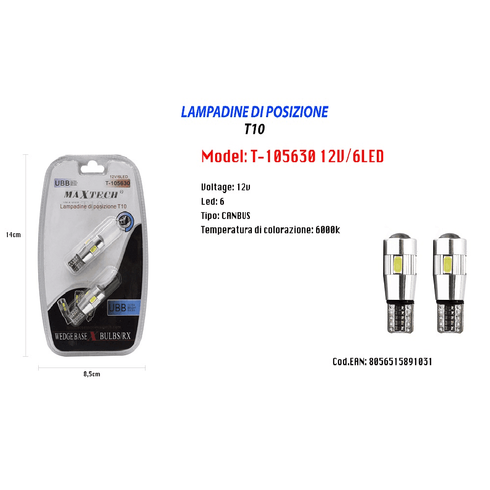LAMPADINE DI POSIZIONE T10 MAXTECH T-105630 12V 6LED CANBUS LAMPADINE ULTRA LUMINOSE - 2